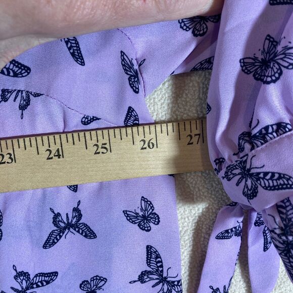 Catherine's Blouse Sz 2X Purple Butterfly Button Up 3/4 Sleeve w/Tie - Picture 4 of 7